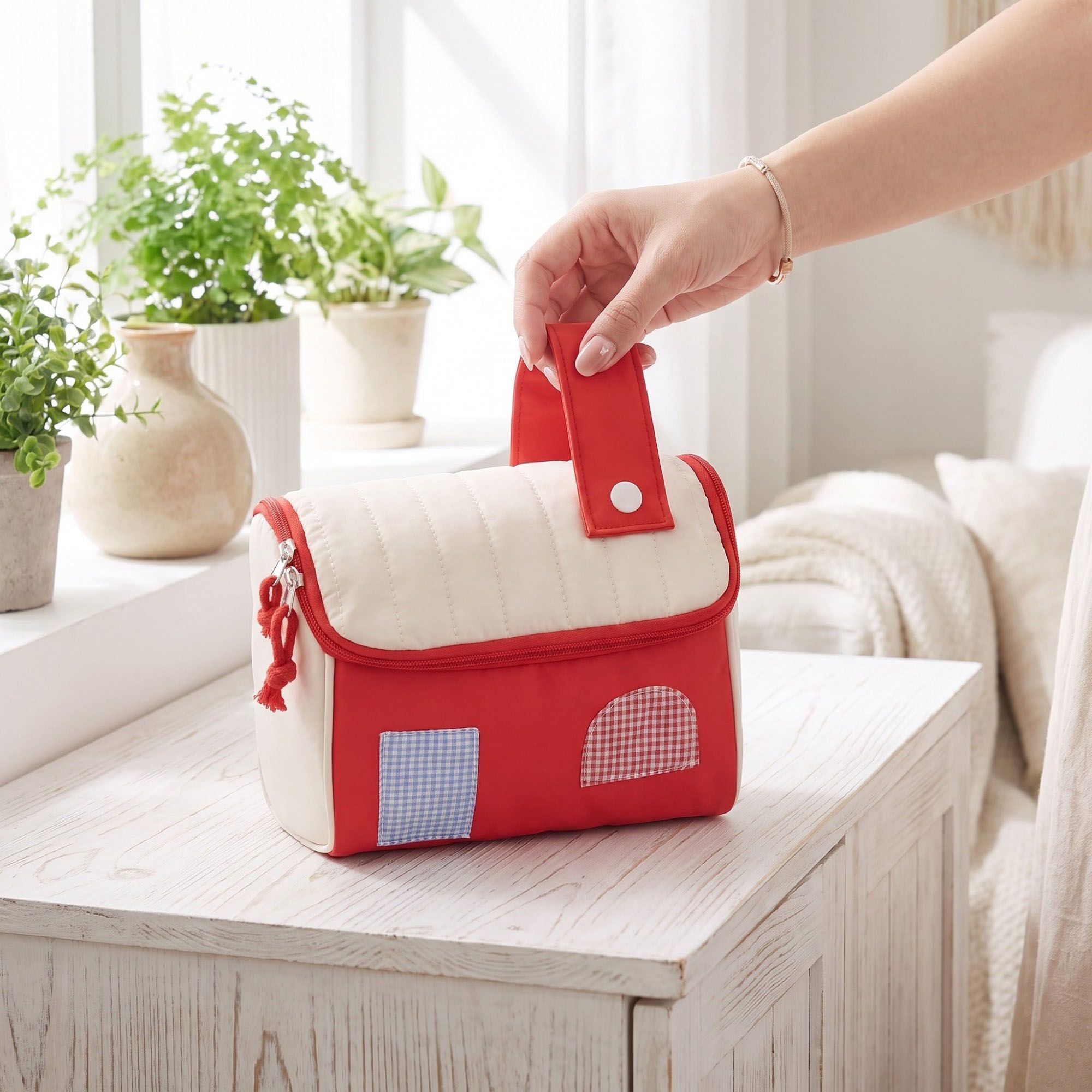 Womens Quilted Makeup Bag with Handle and Colorblock Patch Design