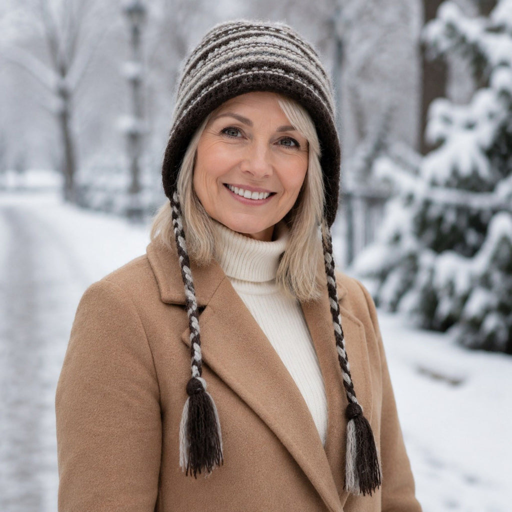 Patterned Knit Beanie with Braided Tassels