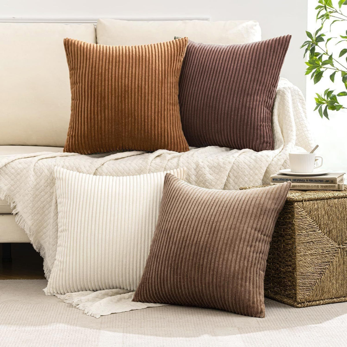 4 Pack Corduroy Throw Pillow Covers 18 x 18 Inch Wide Stripe Texture