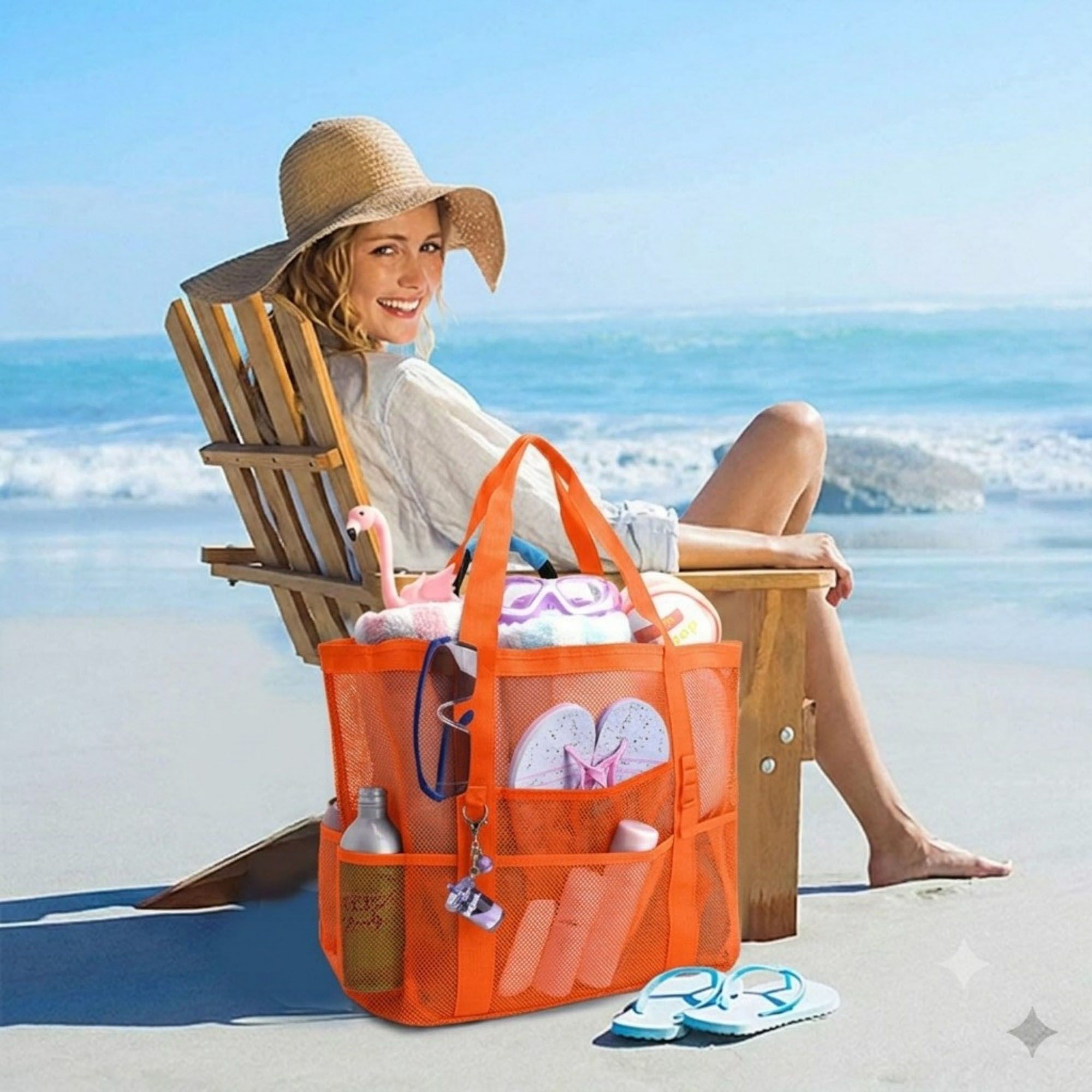 Mesh Beach Tote Bag Large Capacity Travel Shoulder Bag with Exterior Pockets Zipper Top Organizer