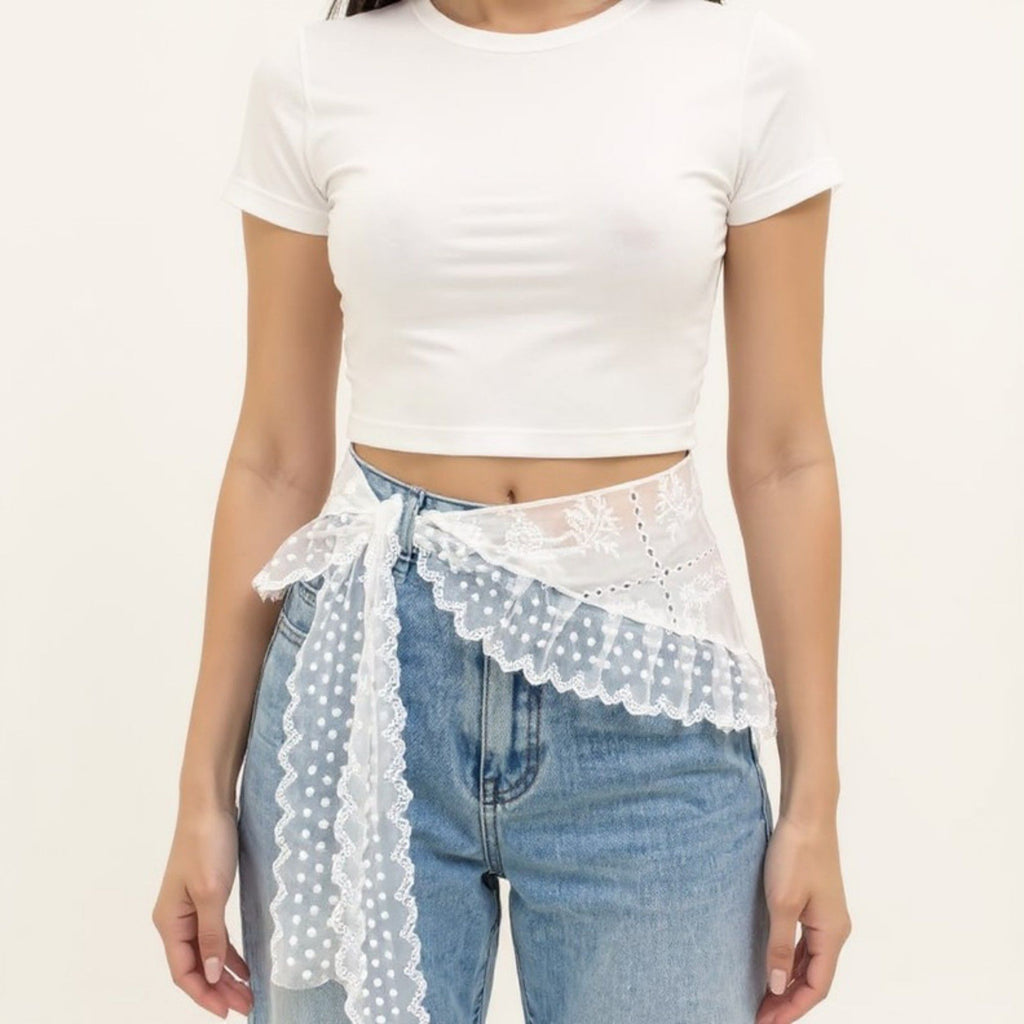 Anna-Kaci Women's Sheer Lace Embroidered Waist Belt with Scalloped Edge and Tie Detail 59in