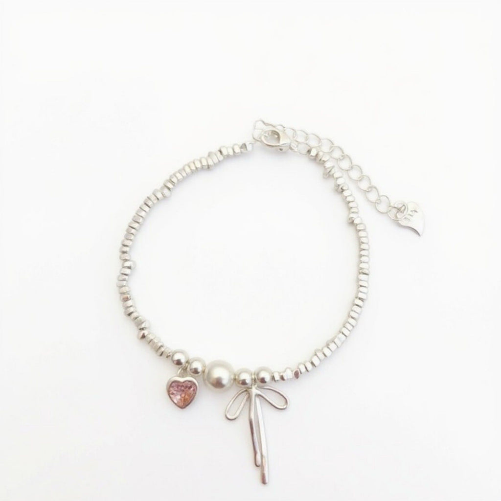 Women's Beaded Bracelet with Heart and Bow Charms Adjustable Chain Design