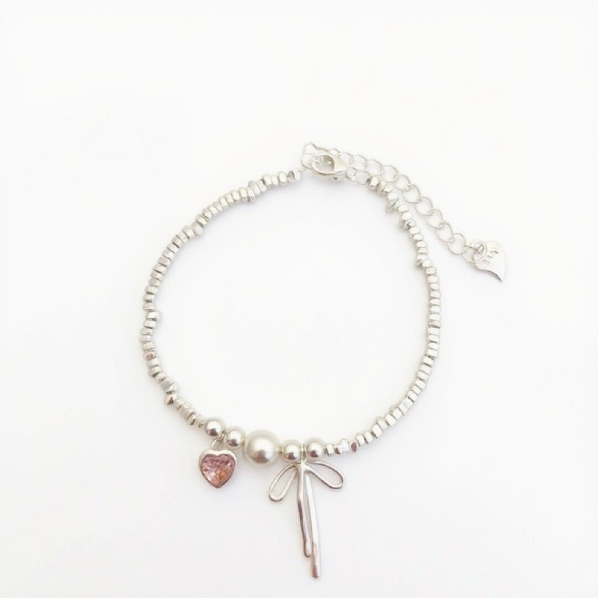 Women's Beaded Bracelet with Heart and Bow Charms Adjustable Chain Design