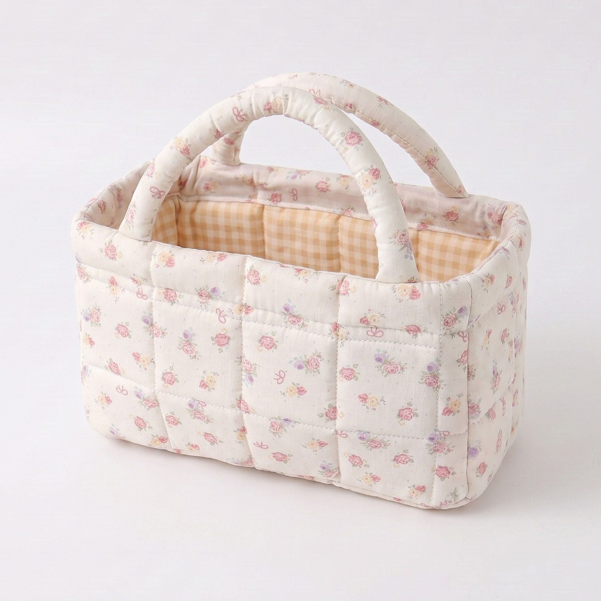 Cesto/Bolso de almacenamiento guateado con estampado floral y asas acolchadas
