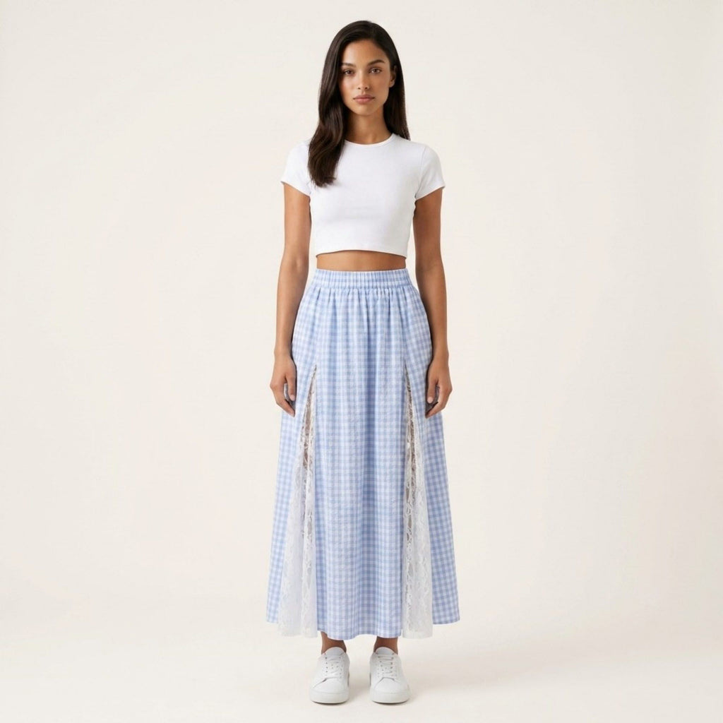 Anna-Kaci Women's Gingham Maxi Skirt Lace Panel High Waist A Line Flowy Lightweight Casual Skirt