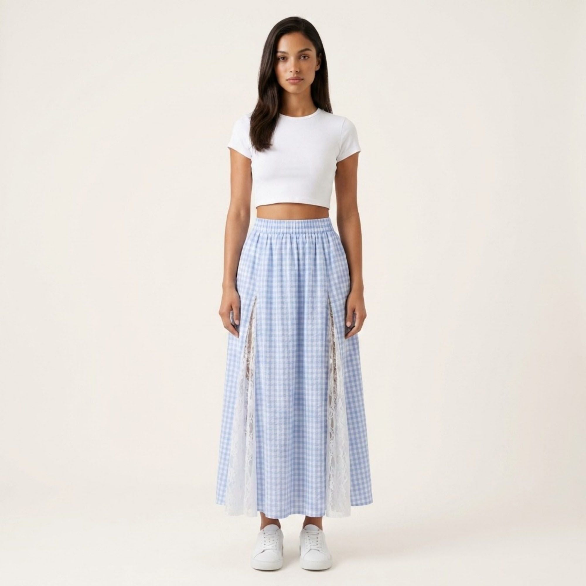 Anna-Kaci Women's Gingham Maxi Skirt Lace Panel High Waist A Line Flowy Lightweight Casual Skirt