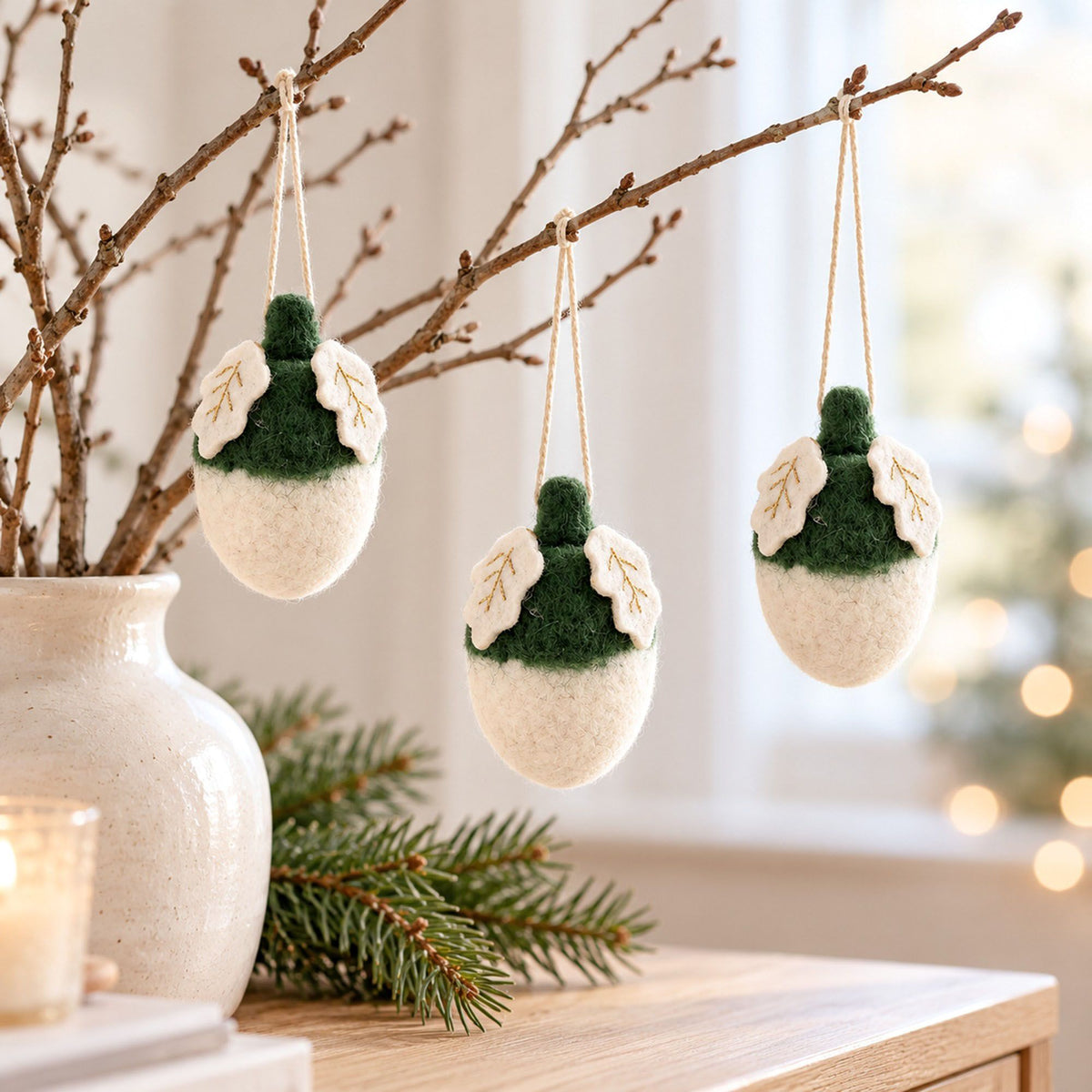 3 Piece Felt Acorn Hanging Christmas Ornament Set Gift