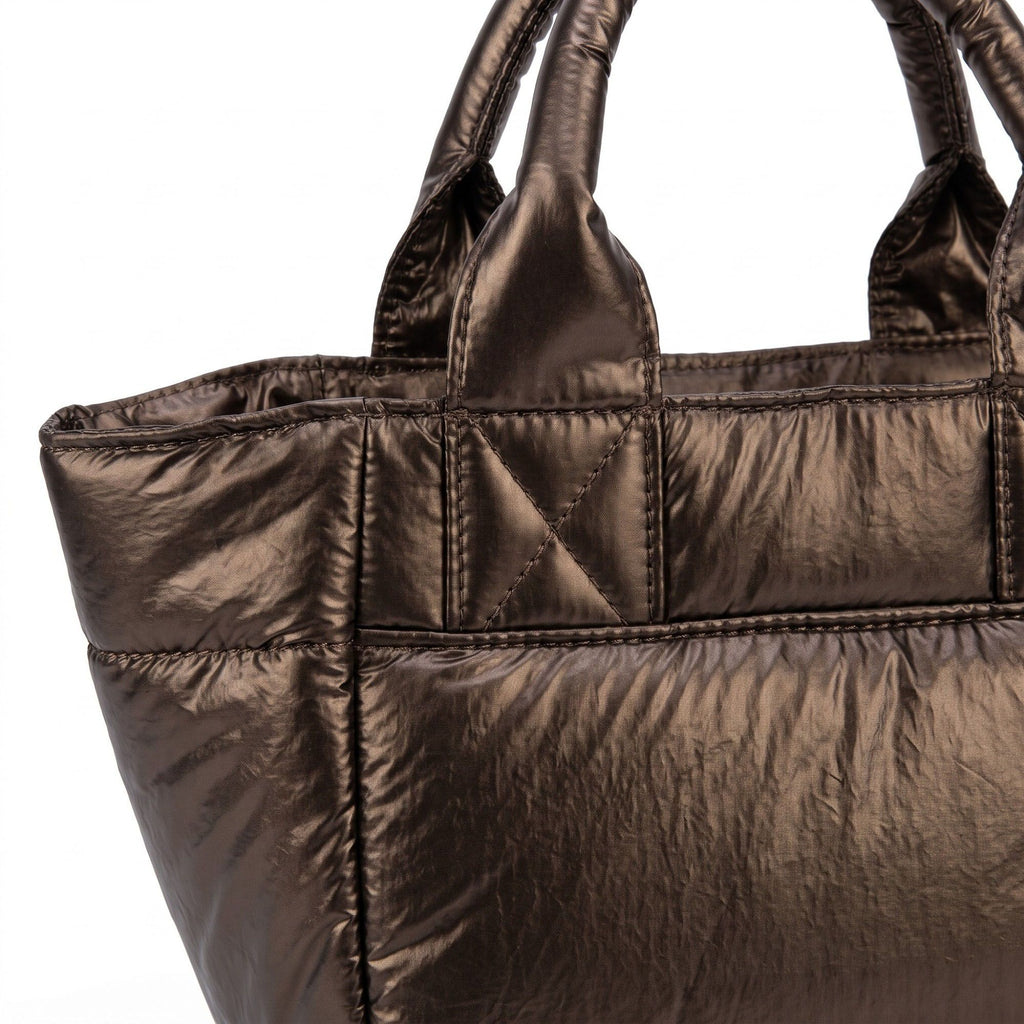 Padded Puffer Tote Bag with Rounded Top Handles and Exterior Front Pocket 13x6.5x4in