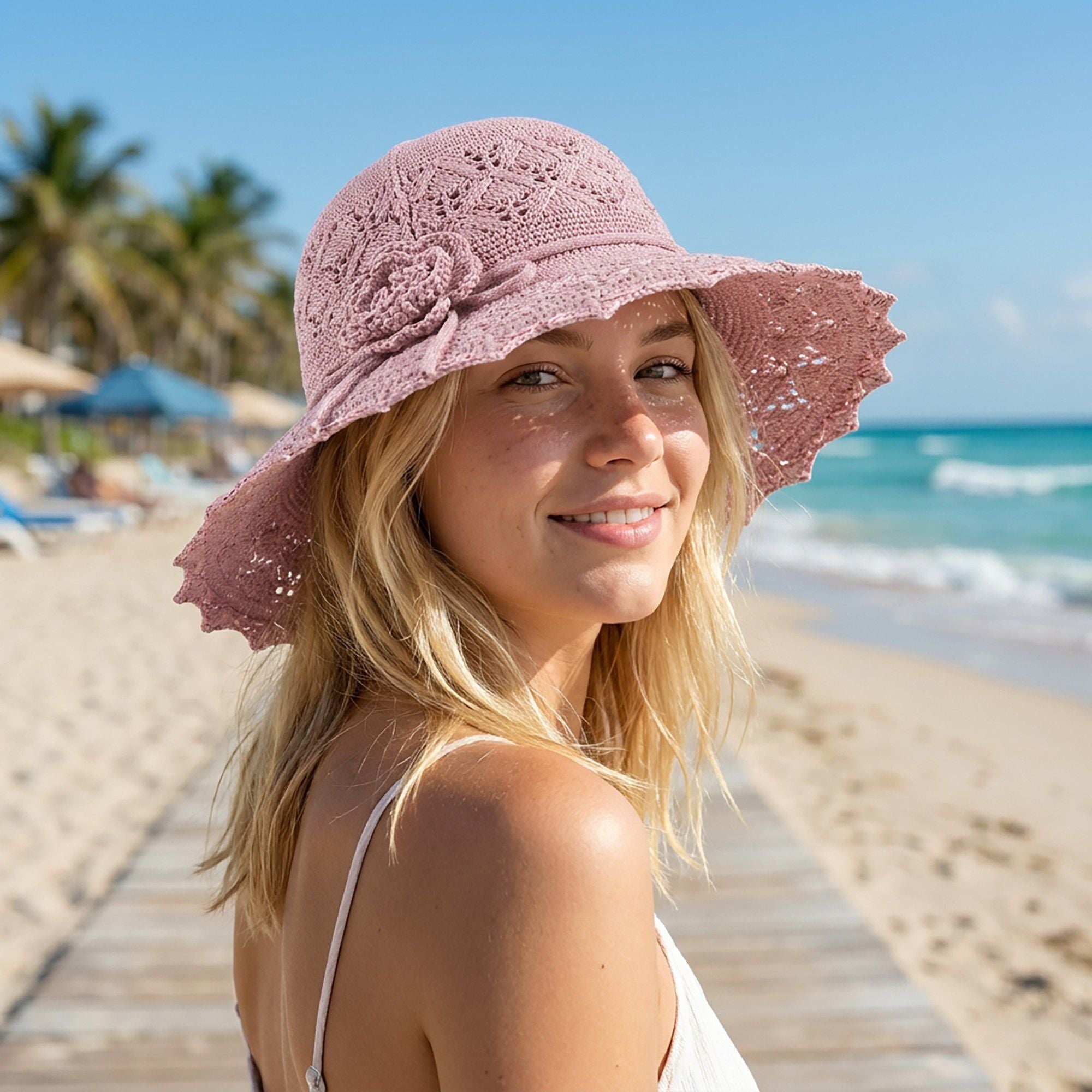 Crochet Wide Brim Sun Hat with Scalloped Edge Floral Accent and Chin Strap