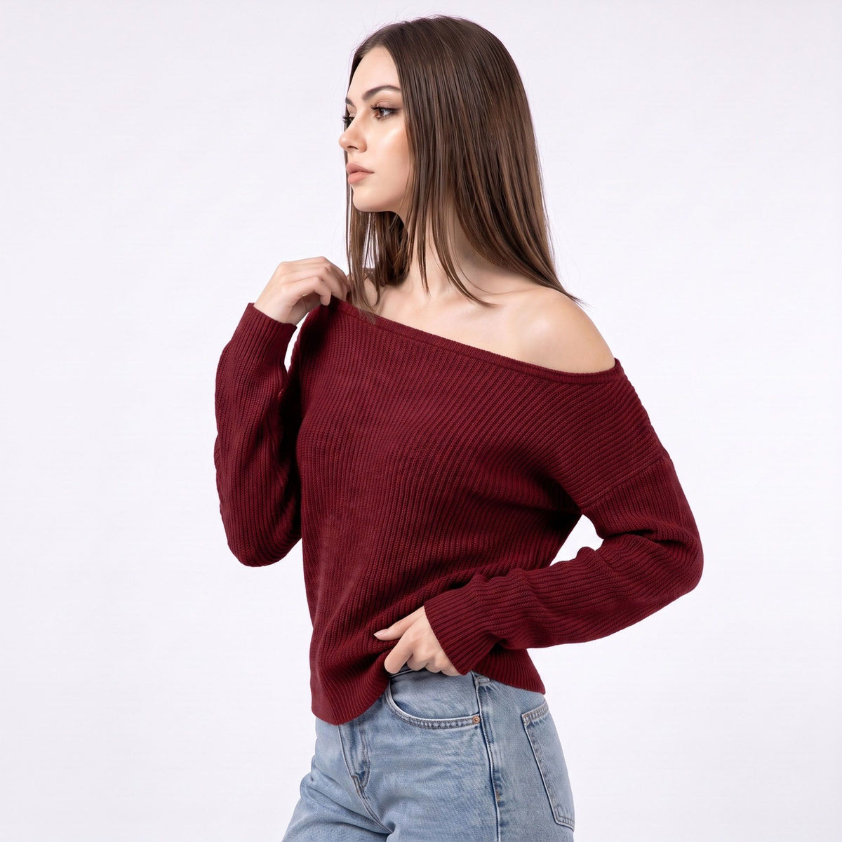Off Shoulder Ribbed Knit Pullover Sweater