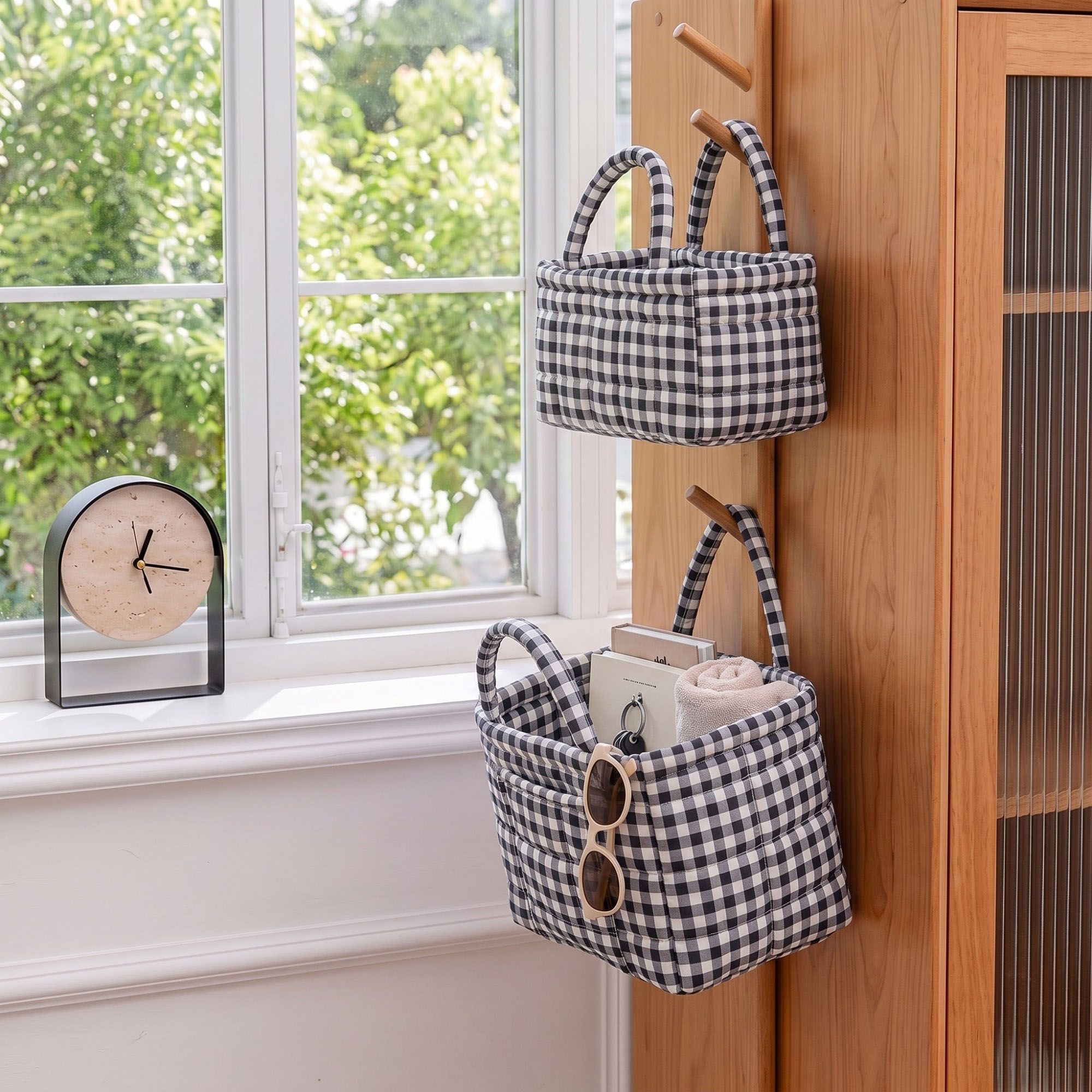 2 Piece Quilted Gingham Storage Tote Set with Handles and Front Pocket