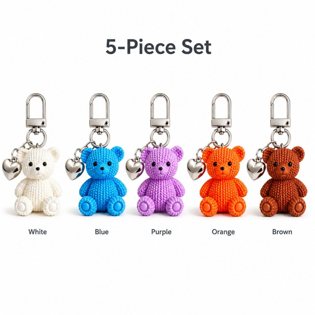 5pc Teddy Bear Keychain Bag Charms with Heart Pendant Clip for Bags Backpacks and Keys