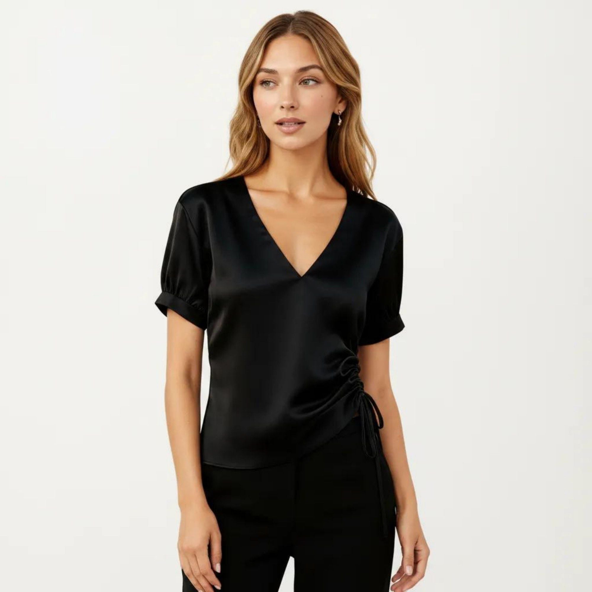 Anna-Kaci Women's Satin V Neck Blouse with Puff Sleeves and Side Ruched Drawstring