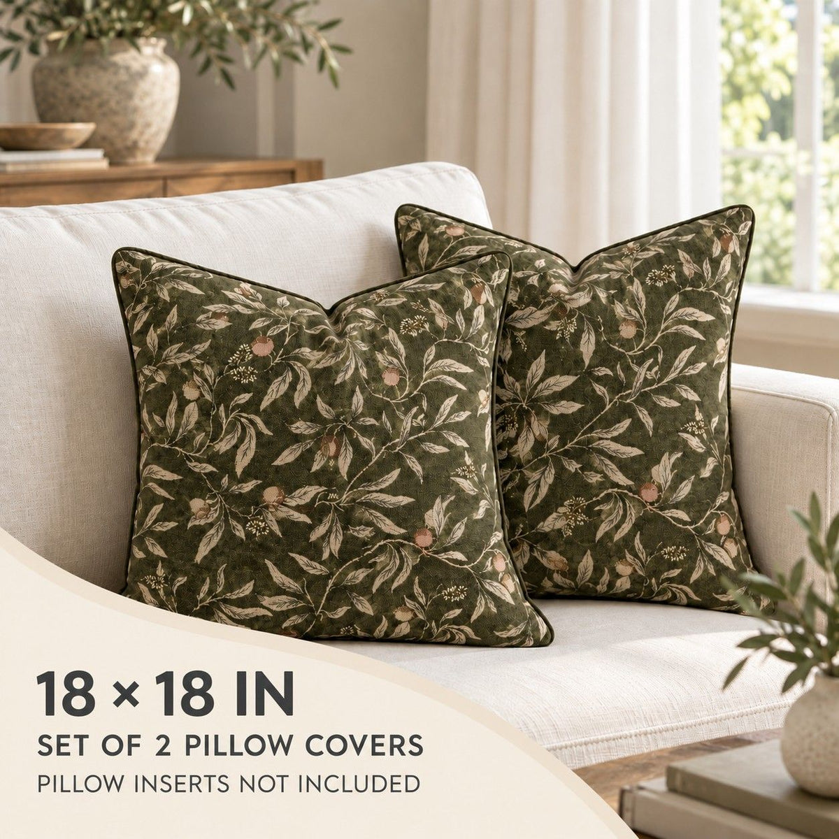 2 Pack Botanical Leaf Velvet Throw Pillow Covers 18 x 18 Inch with Piped Edges