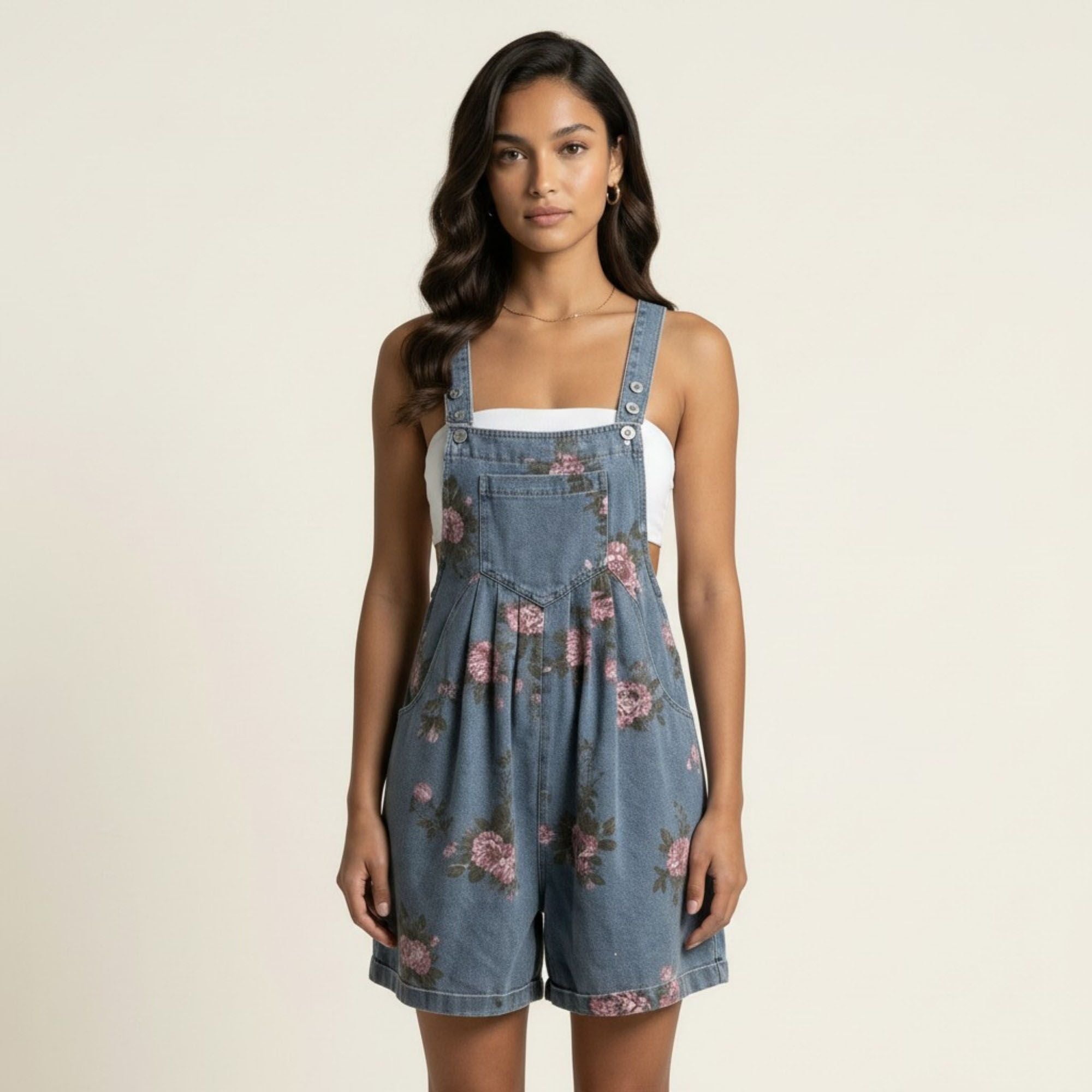 Anna-Kaci Women's Floral Denim Overall Romper Adjustable Strap Sleeveless Shortalls Loose Fit