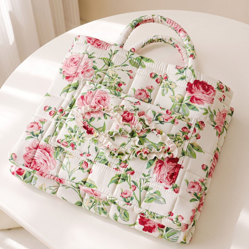 Quilted Floral Storage Basket with Handles and Front Pocket