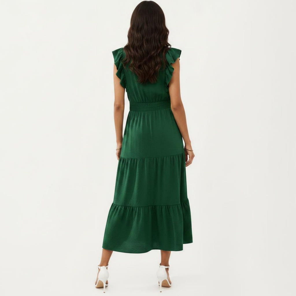 Anna-Kaci Women's Tiered Midi Dress with Ruffle Sleeves and Smocked Waist