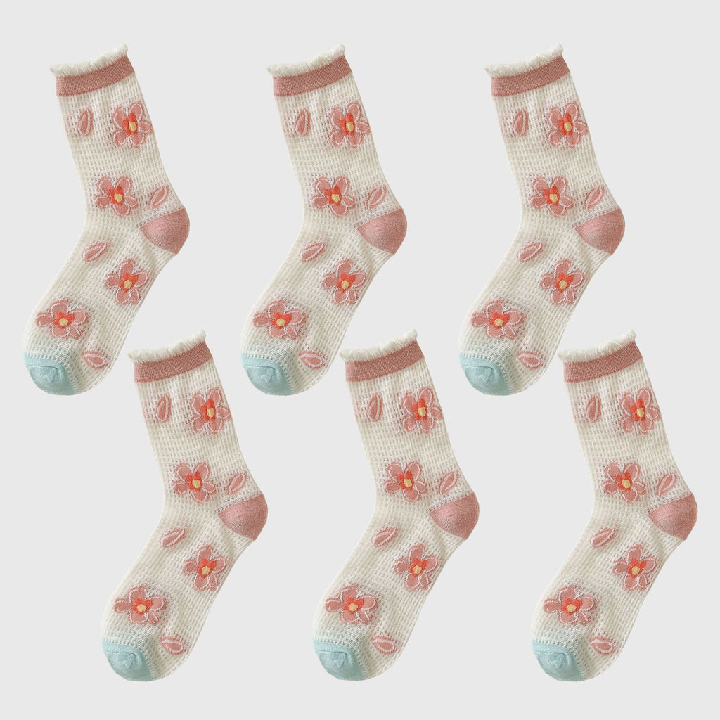 Anna-Kaci Women's Sheer Floral Embroidered Ankle Socks with Ruffle Cuff 6Pk