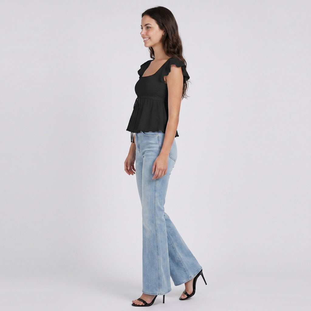 Anna-Kaci Womens Square Neck Peplum Top with Ruffle Cap Sleeves Front Tie Detail and Textured Fabric