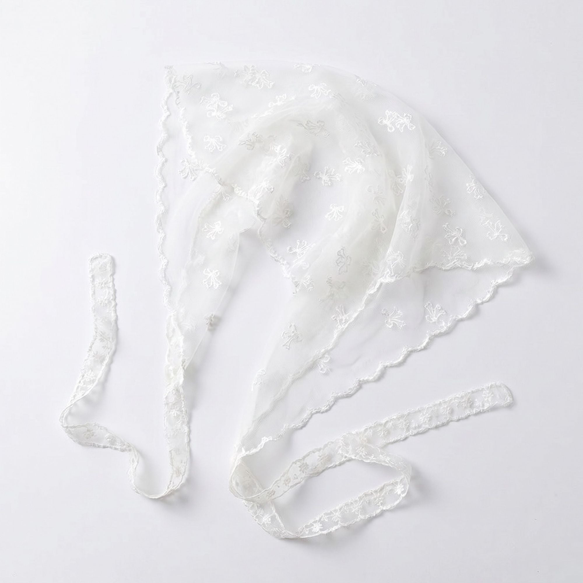 Sheer Embroidered Triangle Scarf with Floral Pattern and Lace Edge Tie
