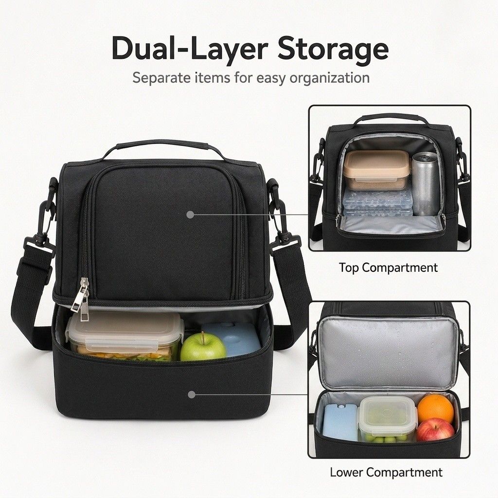 Dual Compartment Insulated Lunch Bag with Adjustable Shoulder Strap