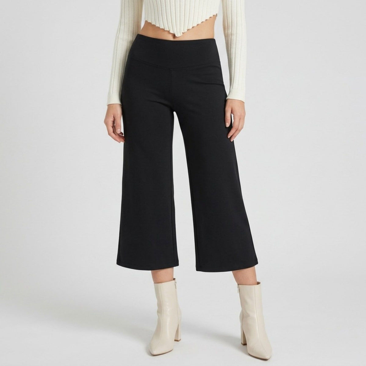 Foldover Waistband Cropped Wide-Leg Trousers