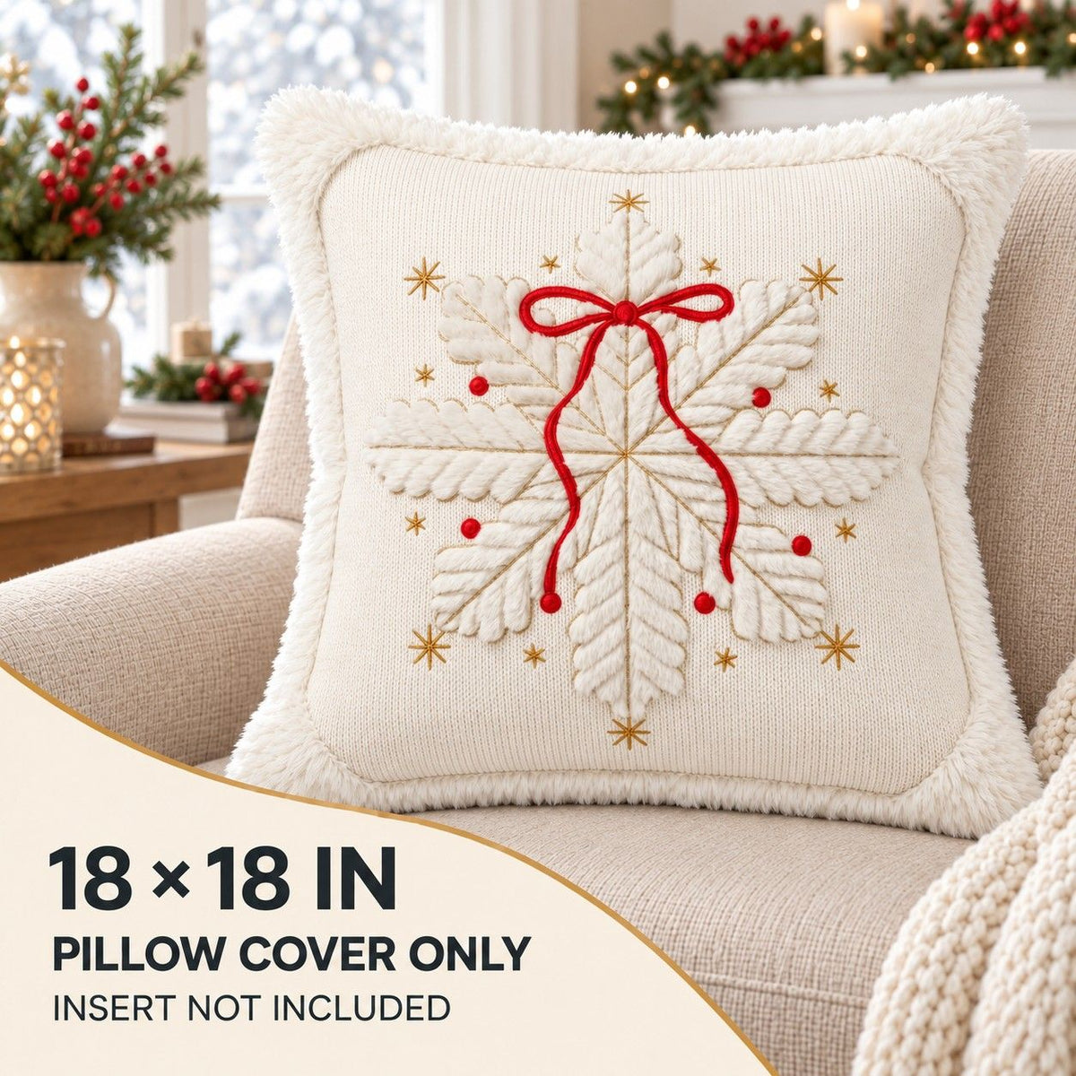 Christmas Embroidered Plush Throw Pillow Cover 18 x 18 Inch 1 Pack