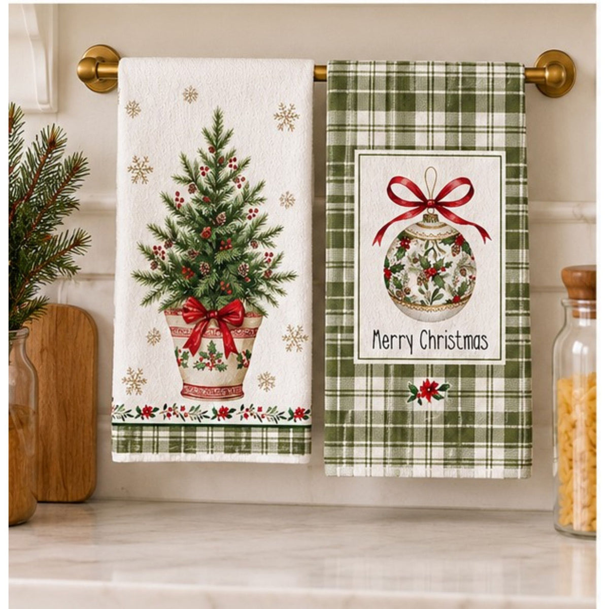 2-Pack Christmas Kitchen Towels 15.7x23.6in, Green Tree & Ornament Microfiber Towels