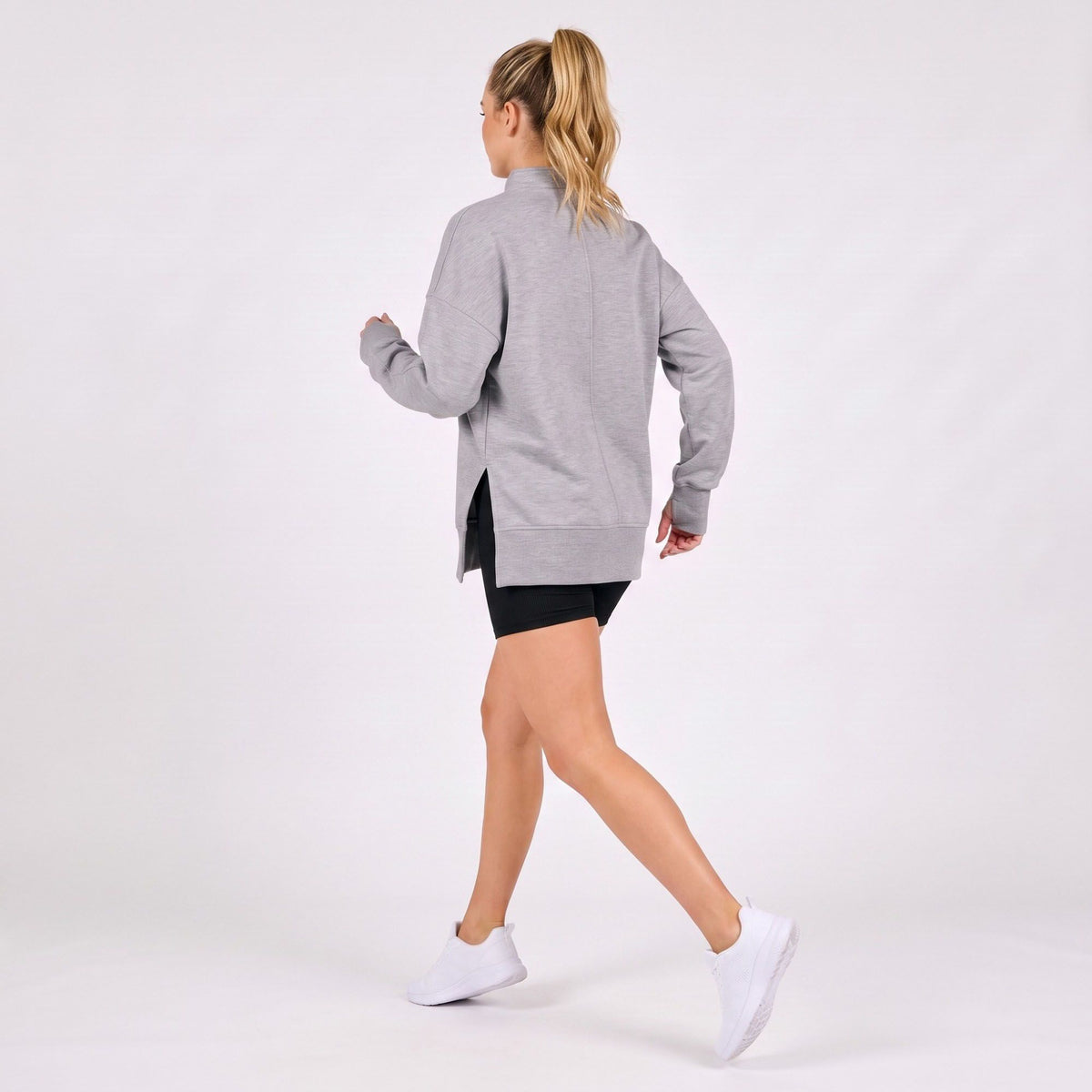Quarter Zip Mock Neck Long Sleeve Tunic Sweatshirt with Side Slits