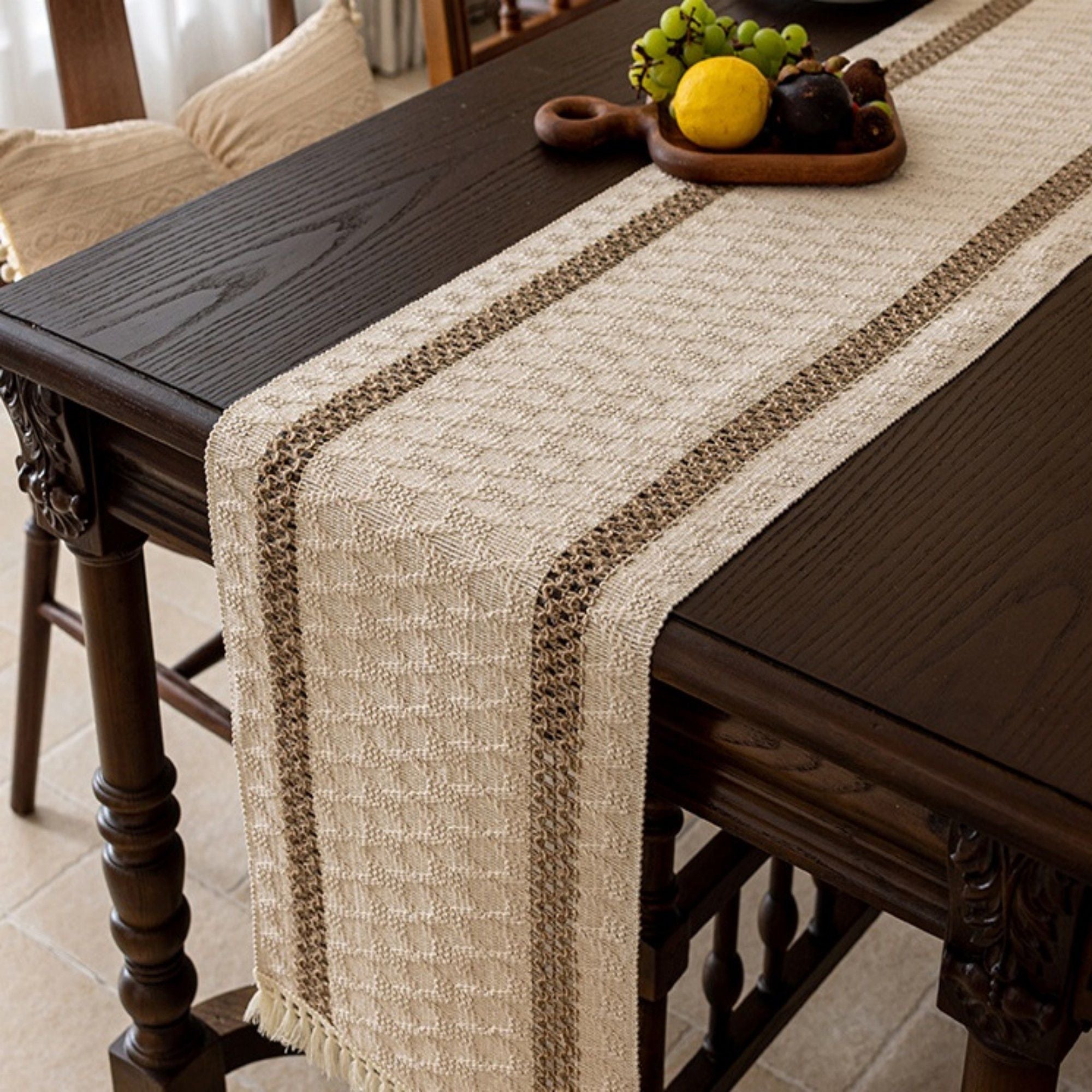Textured Woven Table Runner with Fringe Trim and Neutral Stripe Pattern 47x11.8 in