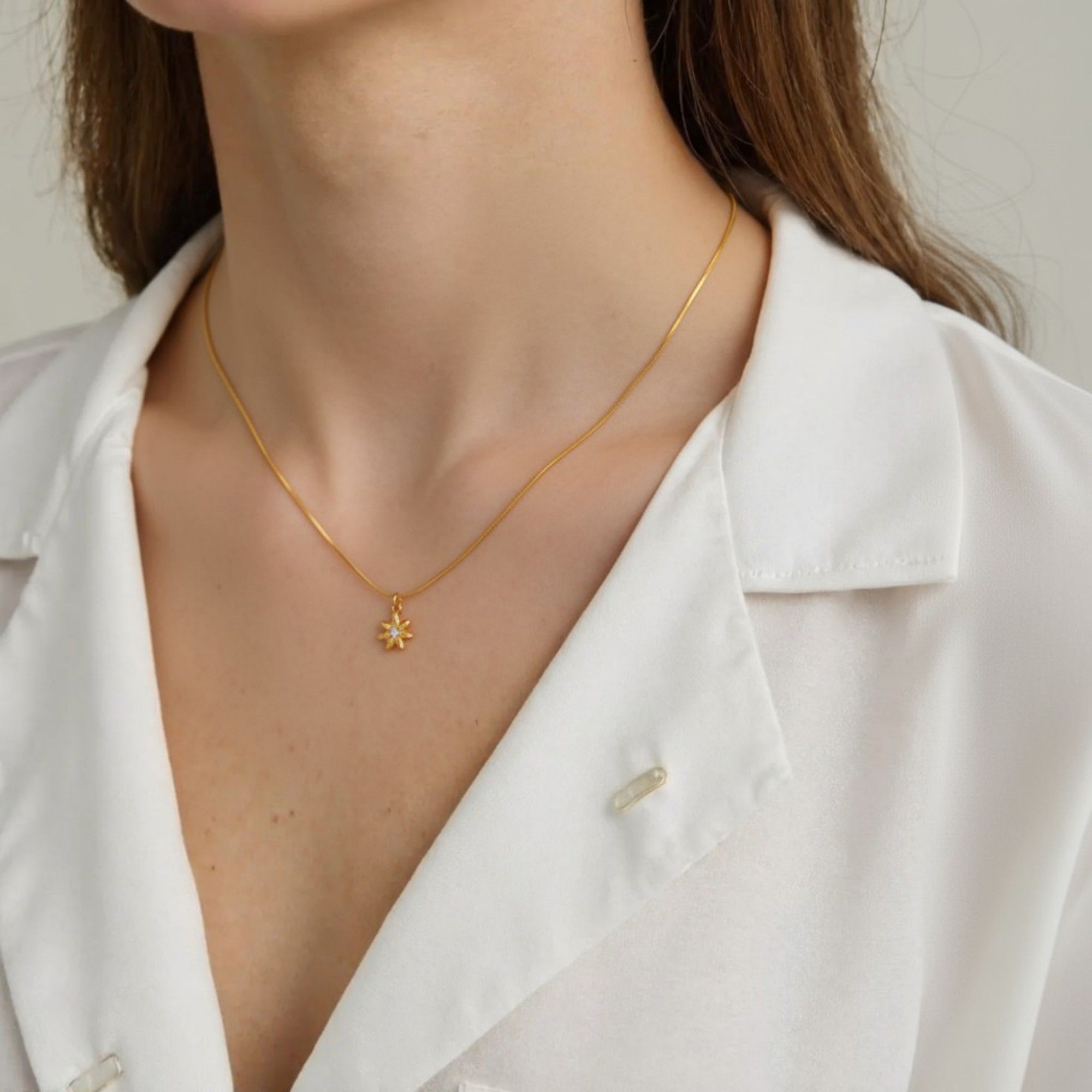 Women's Dainty Flower Pendant Necklace with Crystal Center and Fine Chain Design 18in