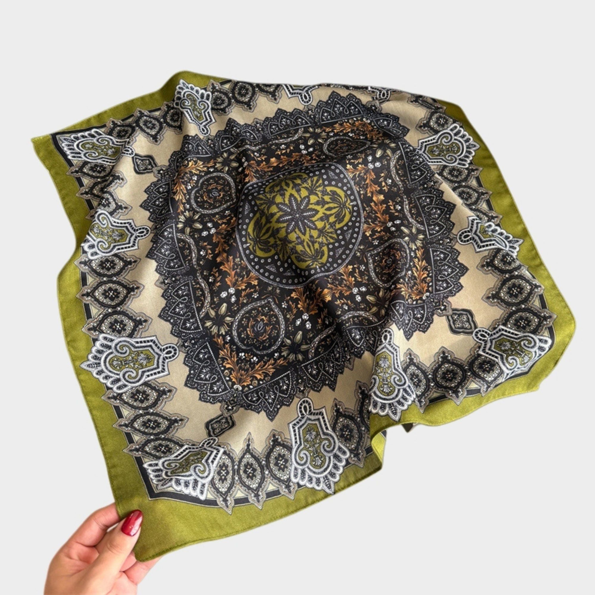 Anna-Kaci Women's Ornate Paisley Medallion Print Square Scarf with Soft Lightweight Fabric and Decorative Border Detail 26.7x26.7in