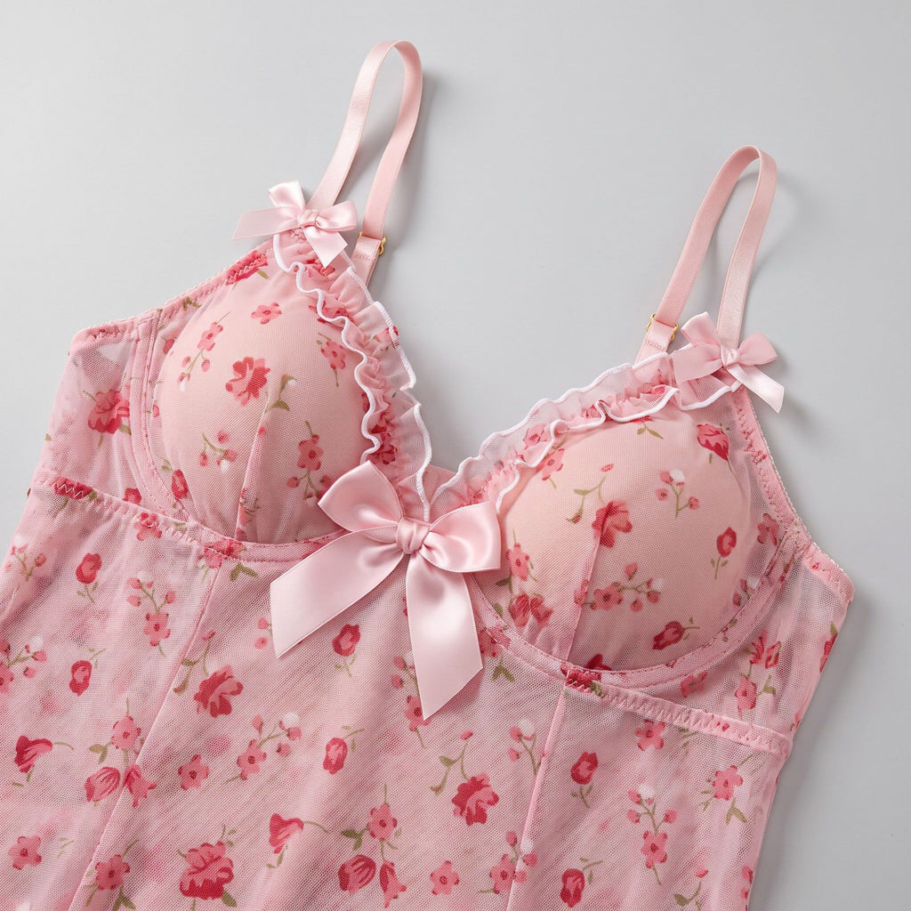 Floral Sheer Mesh Ruffle Chemise Nightgown