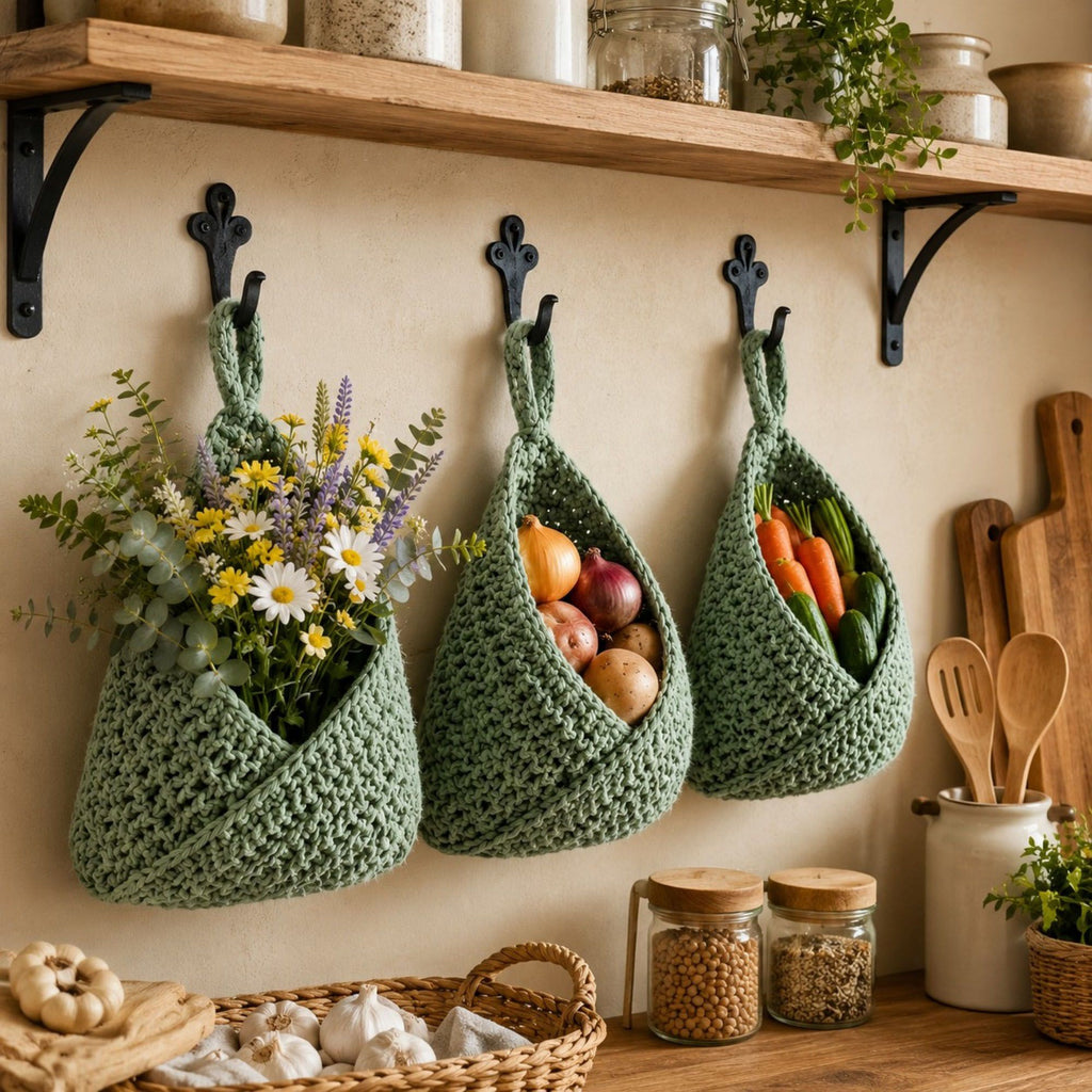 Woven Cotton Rope Hanging Basket Set Wall Storage Organizer with Hooks