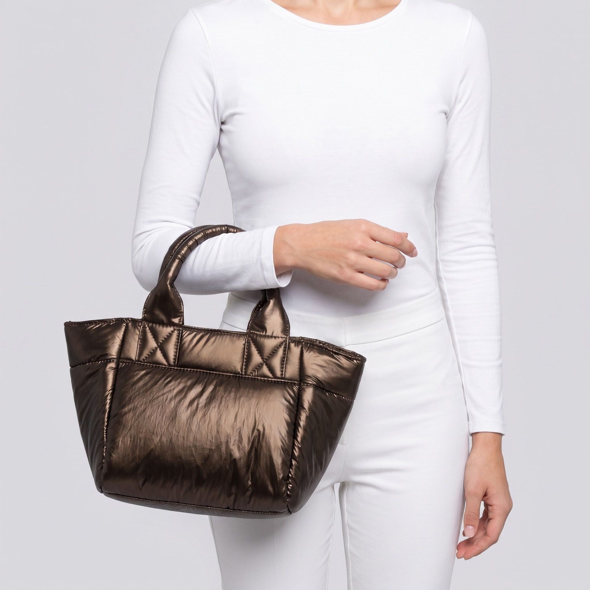 Padded Puffer Tote Bag with Rounded Top Handles and Exterior Front Pocket 13x6.5x4in