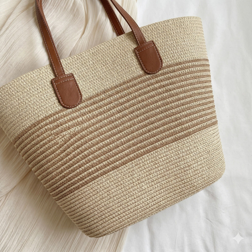 Striped Woven Straw Tote Bag Large Capacity Zip Top Shoulder Carryall Handbag