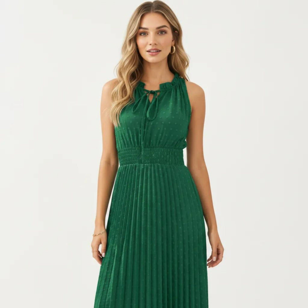 Anna-Kaci Women's Sleeveless Midi Dress with Pleated Skirt and Tie Neck Detail