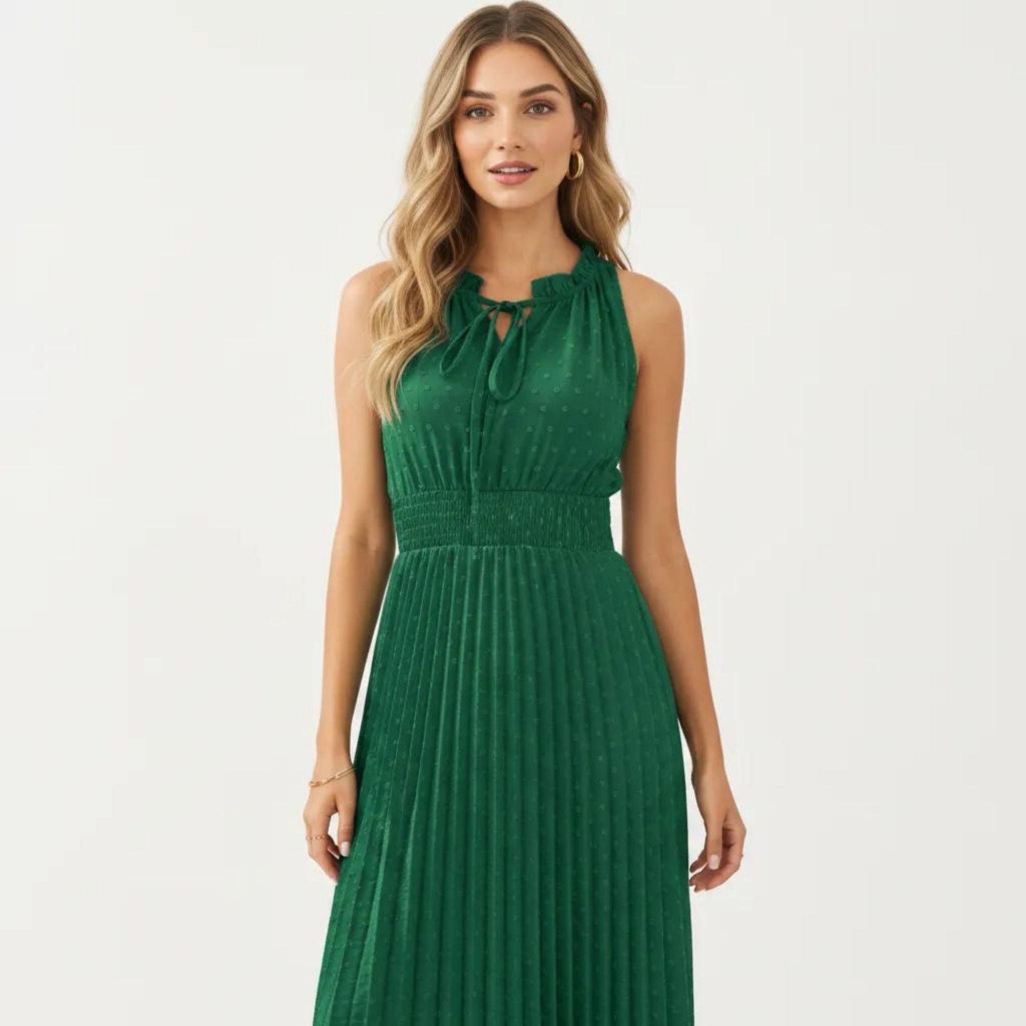 Anna-Kaci Women's Sleeveless Midi Dress with Pleated Skirt and Tie Neck Detail