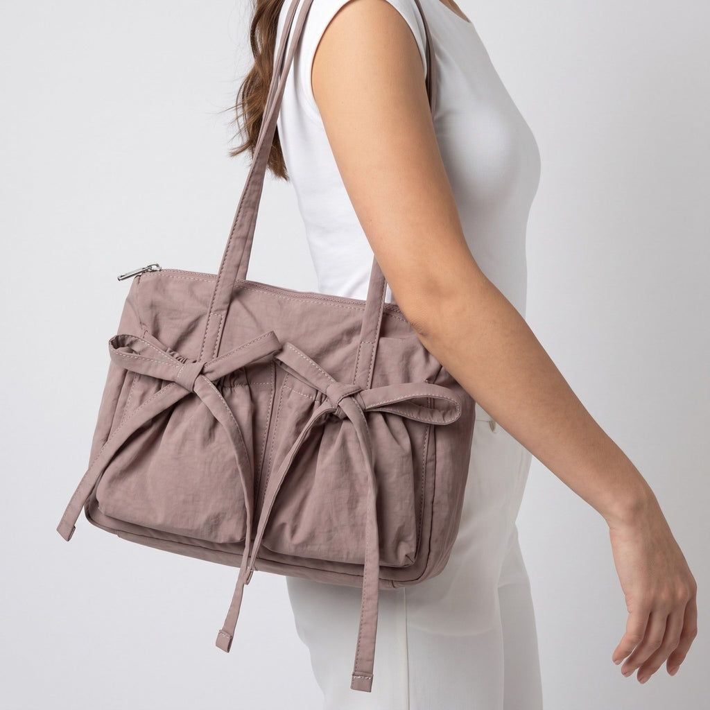 Multi-Pocket Shoulder Tote Bag with Bow-Tie Drawstrings and Top Zipper 11.5x9x5in
