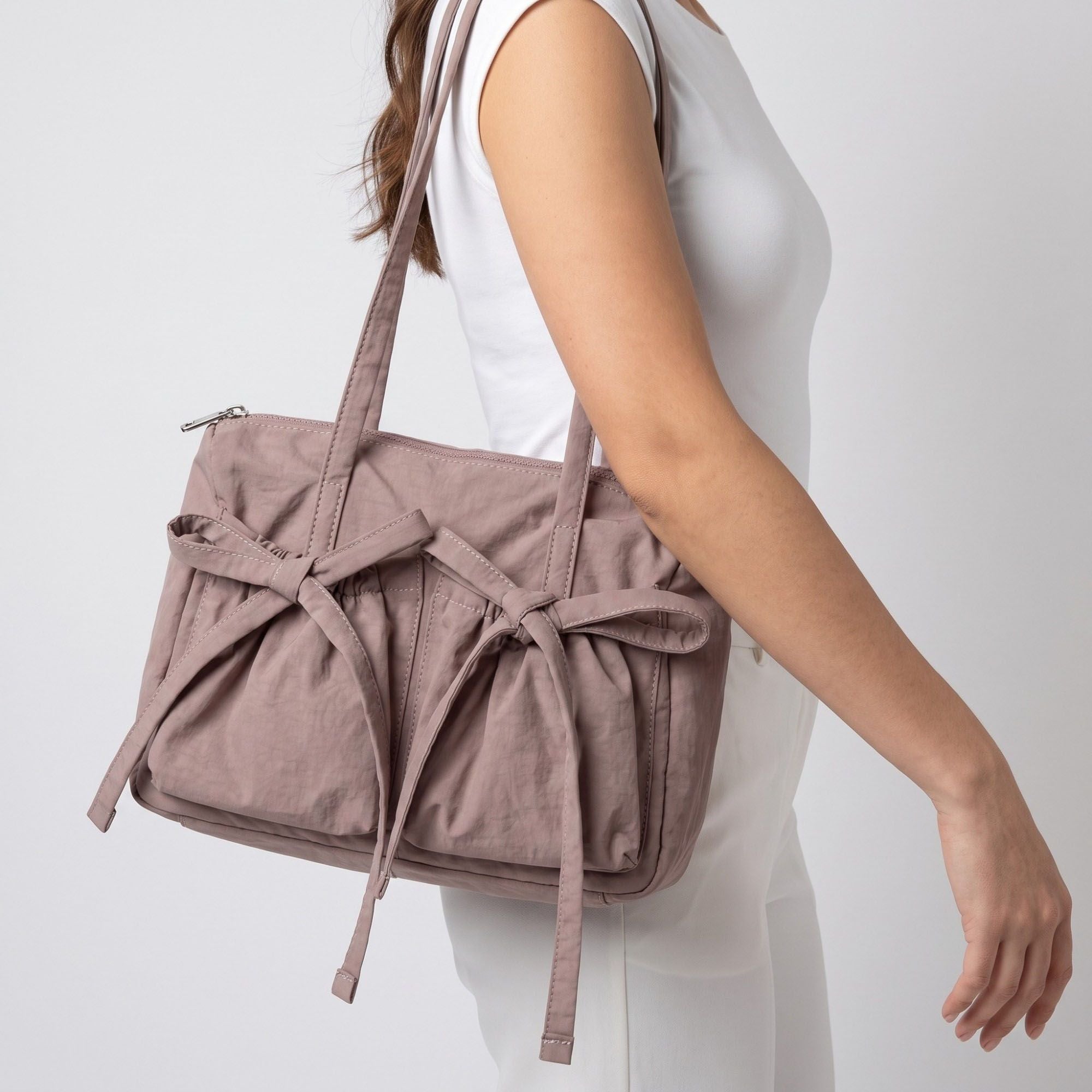 Multi-Pocket Shoulder Tote Bag with Bow-Tie Drawstrings and Top Zipper 11.5x9x5in