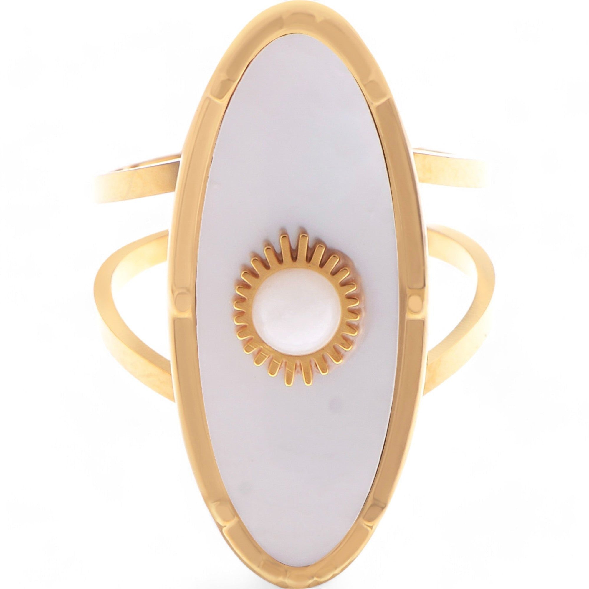Women's Wide Statement Ring Gold Tone with Round Stone Marble-Like Stone and Textured Details