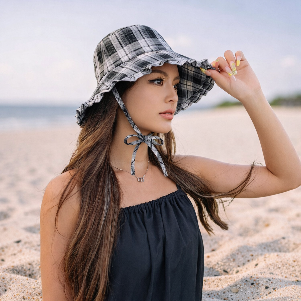 Anna-Kaci Women's Plaid Bucket Hat with Ruffle Brim Adjustable Sun Hat Lightweight Summer Beach Sun Hat