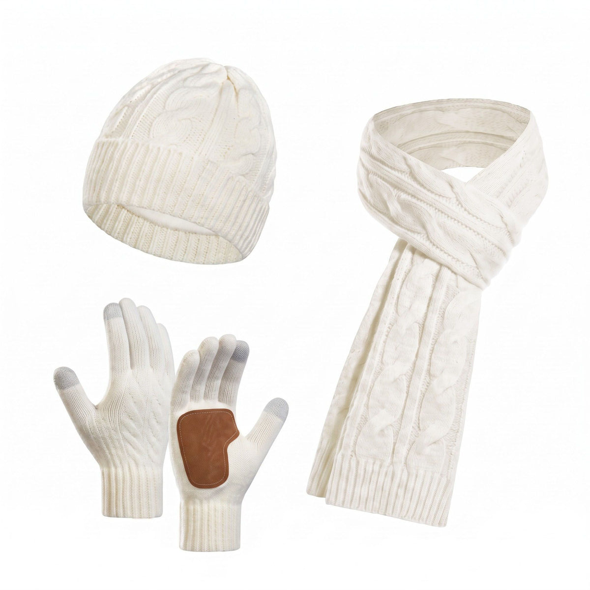 3 Piece Cable Knit Beanie Scarf and Touchscreen Gloves Set