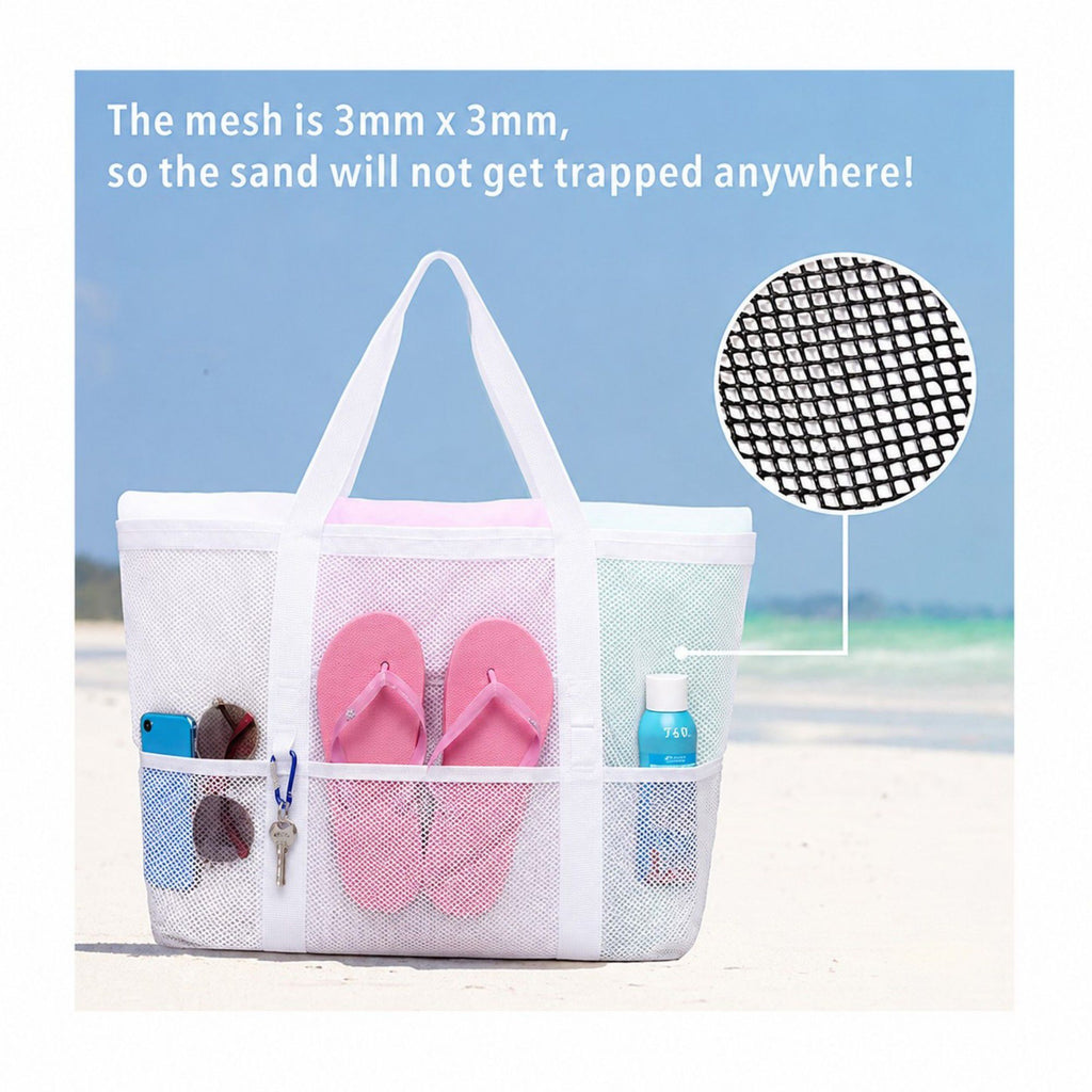 Mesh Beach Tote Bag Large Capacity Travel Shoulder Bag with Exterior Pockets Zipper Top Organizer
