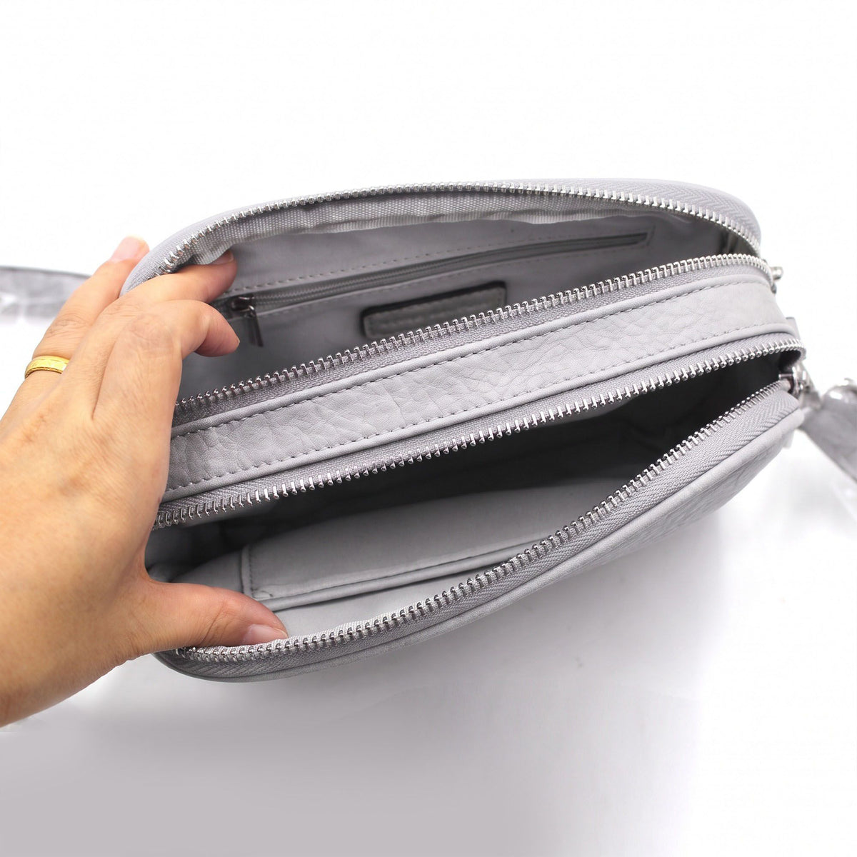 Small Textured Crossbody Bag with Double Zipper Adjustable Strap