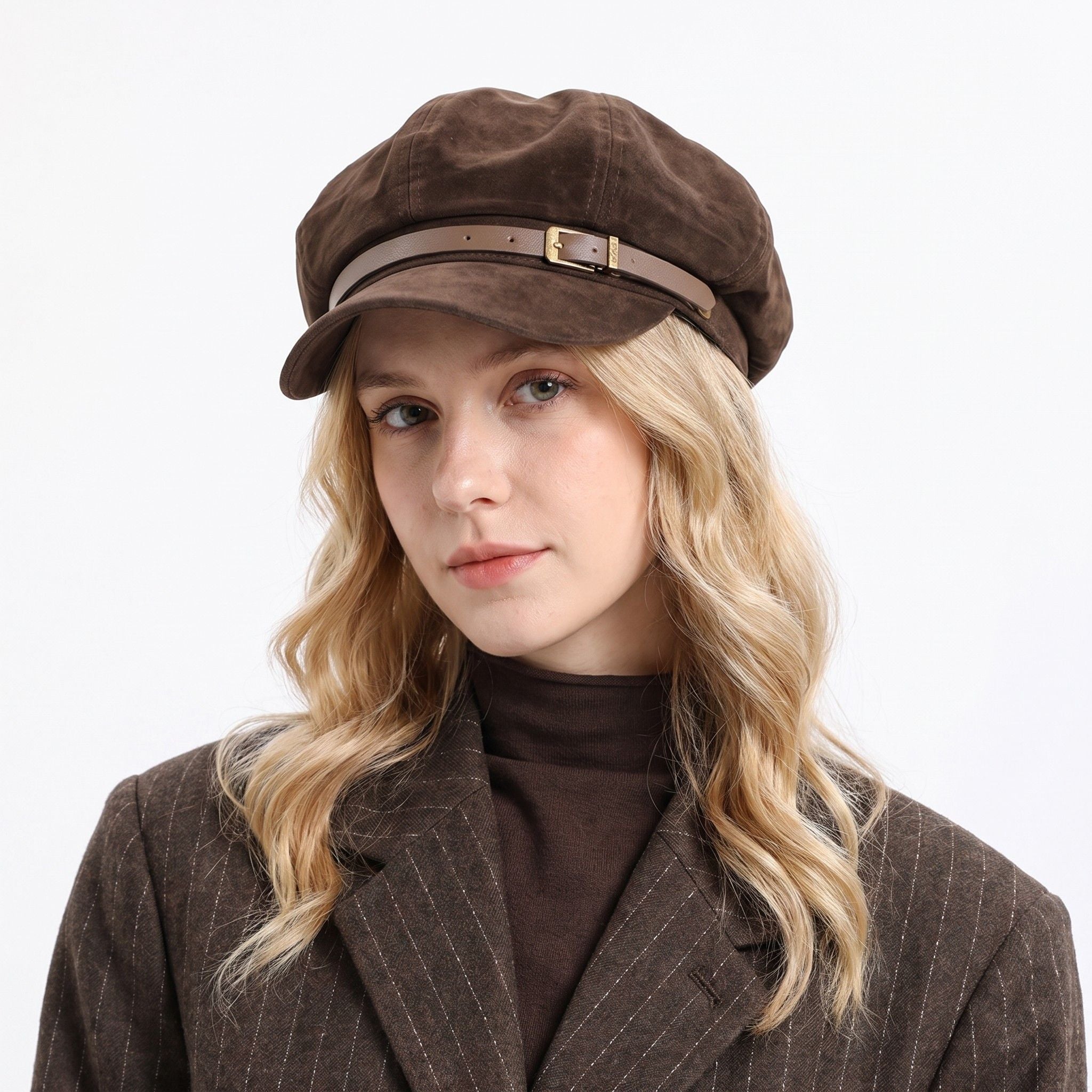 Faux Suede Newsboy Cap Vintage Baker Boy Hat with Buckle Band