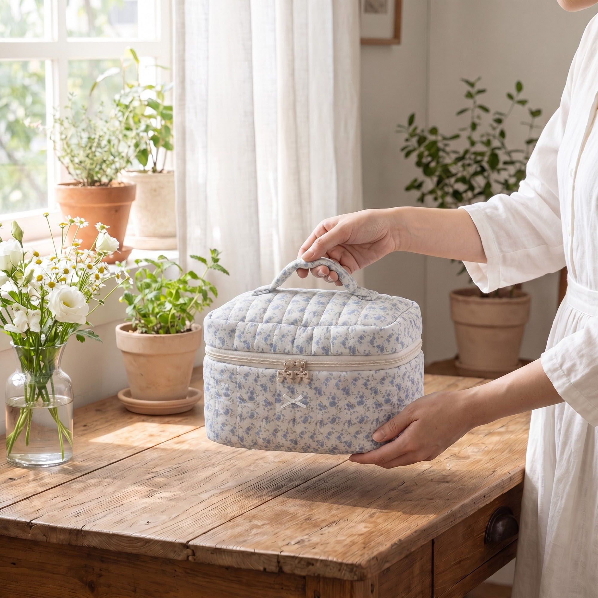 Quilted Floral Cosmetic Makeup Bag with Top Handle and Zip Closure
