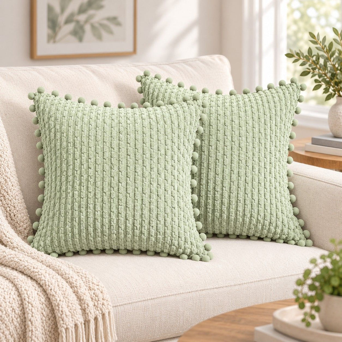 2 Pack Double Sided Corduroy Throw Pillow Covers 18 x 18 Inch with Pom Pom Trim