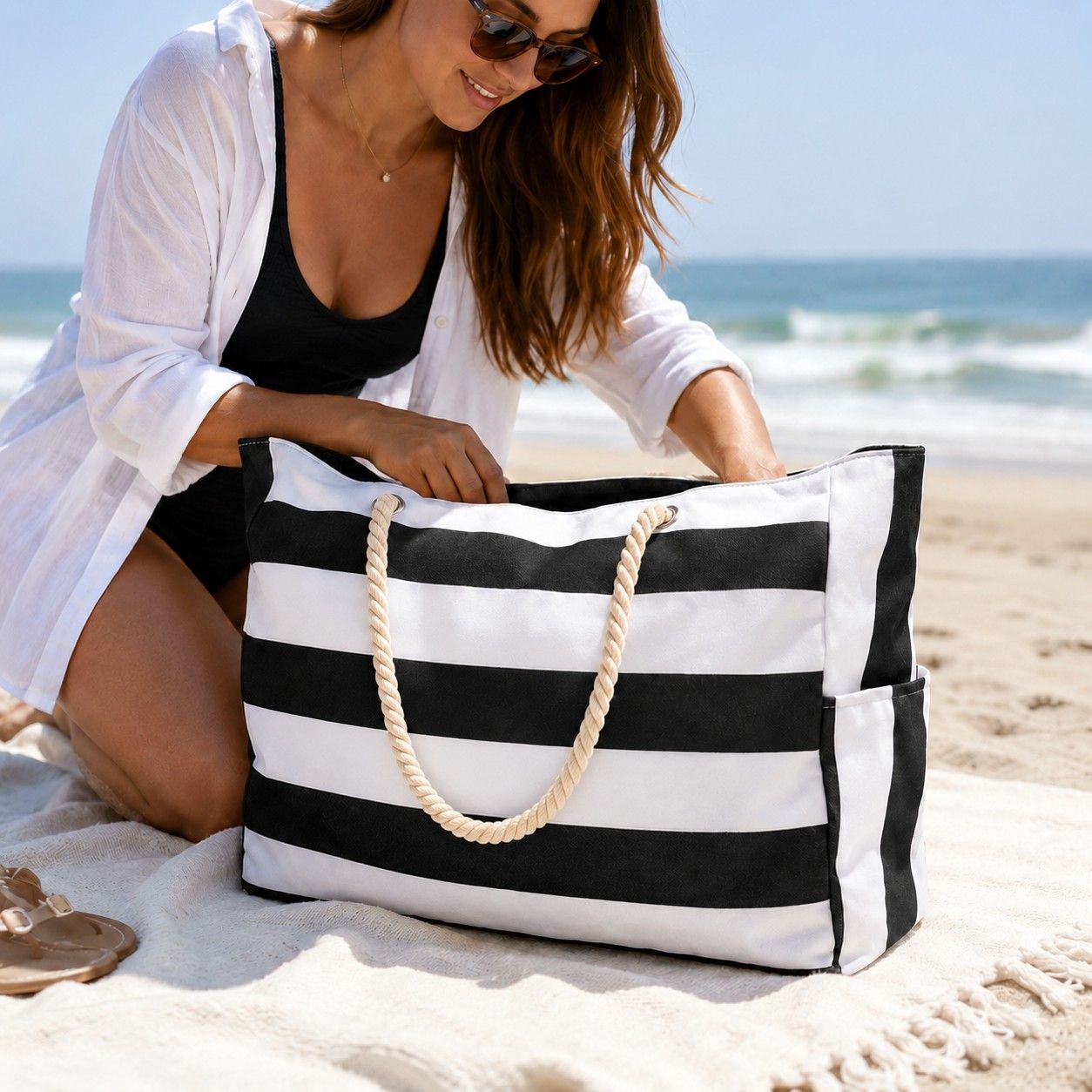 Striped Beach Tote Bag with Zip Closure Rope Handles and Side Pockets