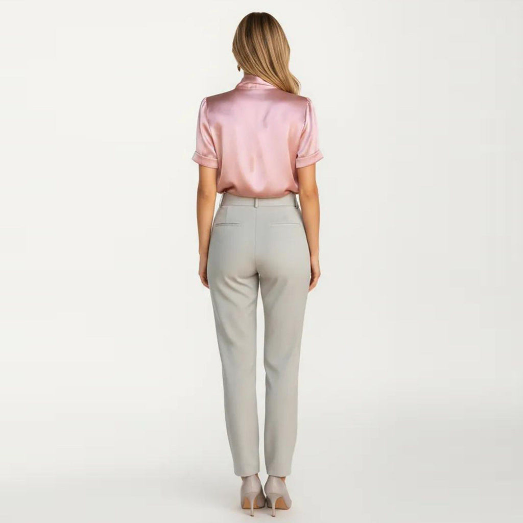 Anna-Kaci Women's Satin Bow Neck Blouse with Short Sleeves and Smooth Draped Finish